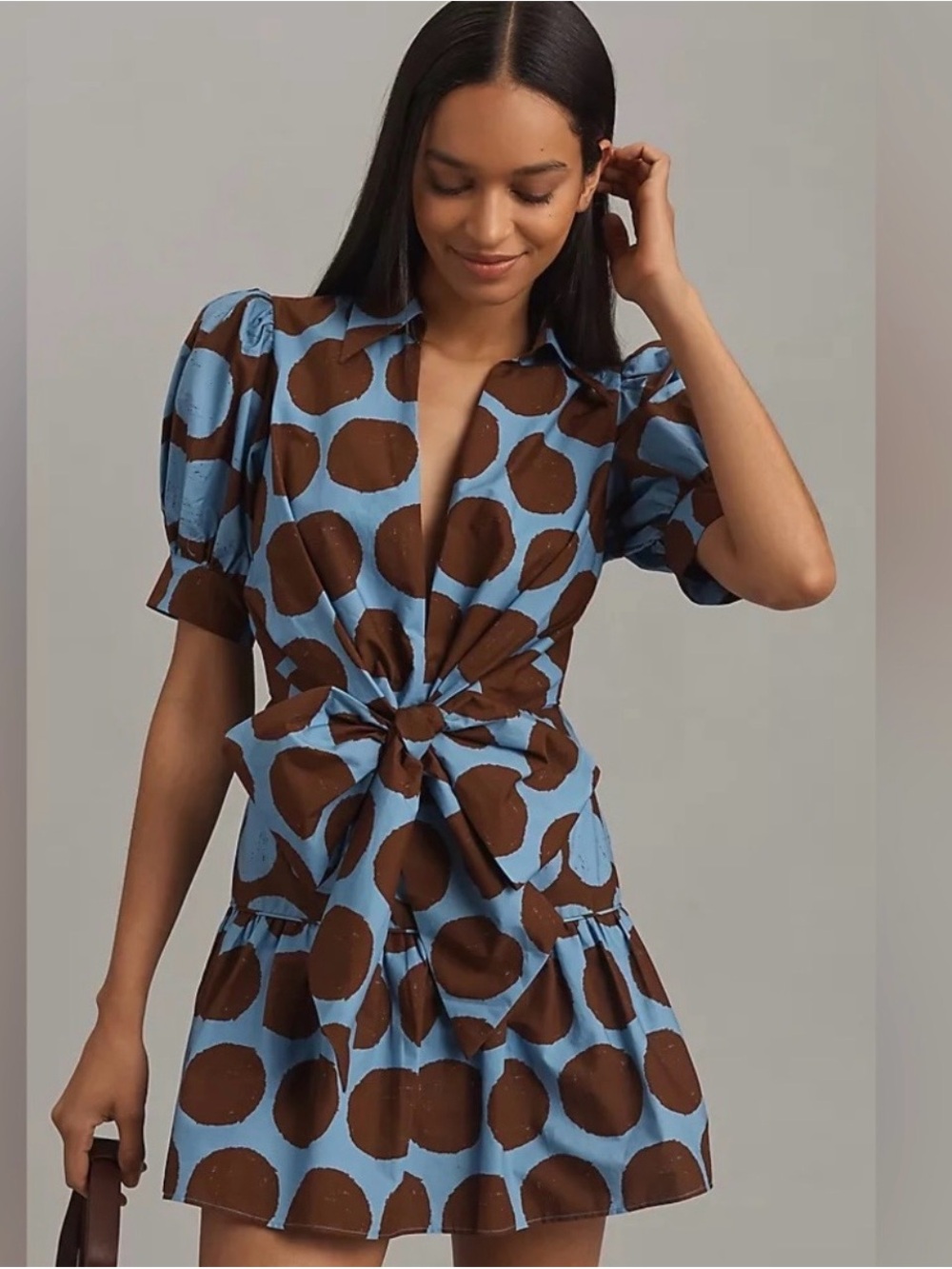 FARM Rio Blue and Brown Polka Dot Tie-Front Mini Dress - Picture 2 of 8